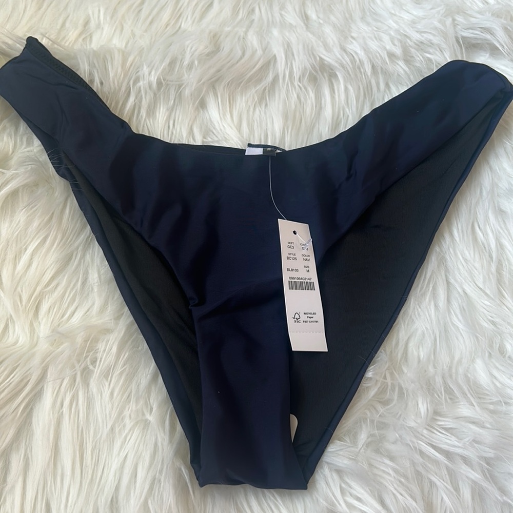 NWT J. Crew Navy Blue Shiny Curved Waist Bikini Swim Bottoms Only M